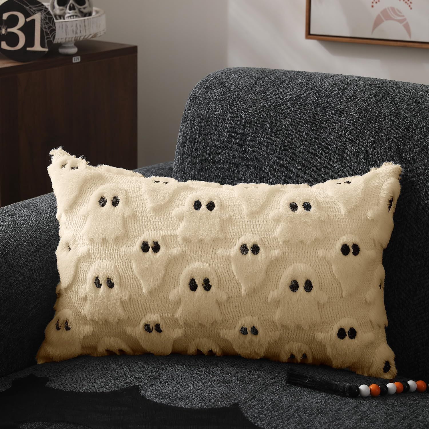 Set of 2 White Ghost Pillow Covers 12x20 Inch Happy Halloween Throw Pillow