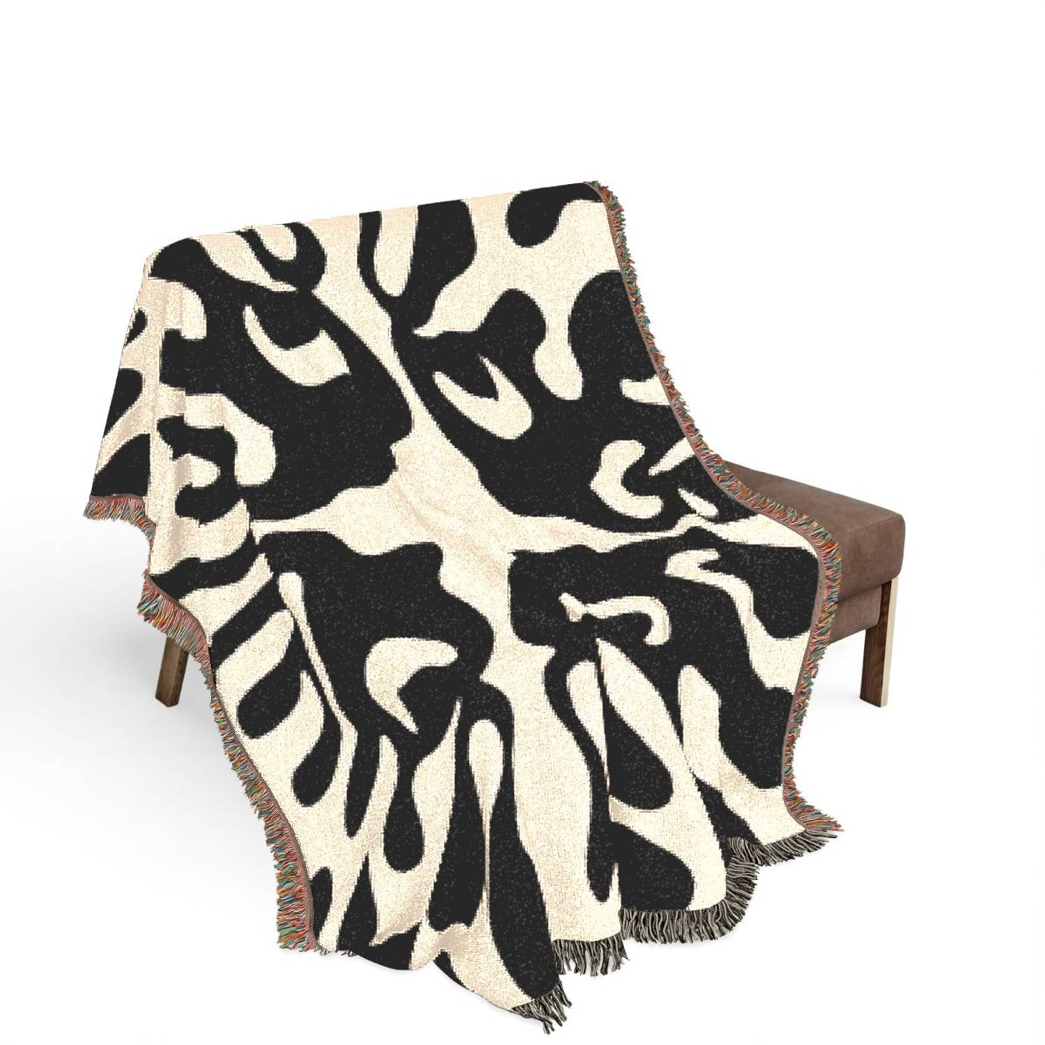 Black and Cream Abstract Organic Woven Throw Blanket 100% Cotton Modern Decor for Sofa or Bed