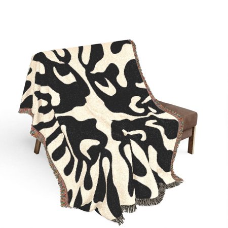 Black and Cream Abstract Organic Woven Throw Blanket 100% Cotton Modern Decor for Sofa or Bed