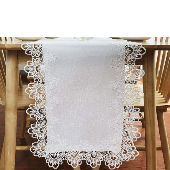 Rectangle Table Runner White Embroidered Lace Wedding Dining Table Dresser Scarf with Carnation Lace Fabric Washable for Kitchen Coffee End