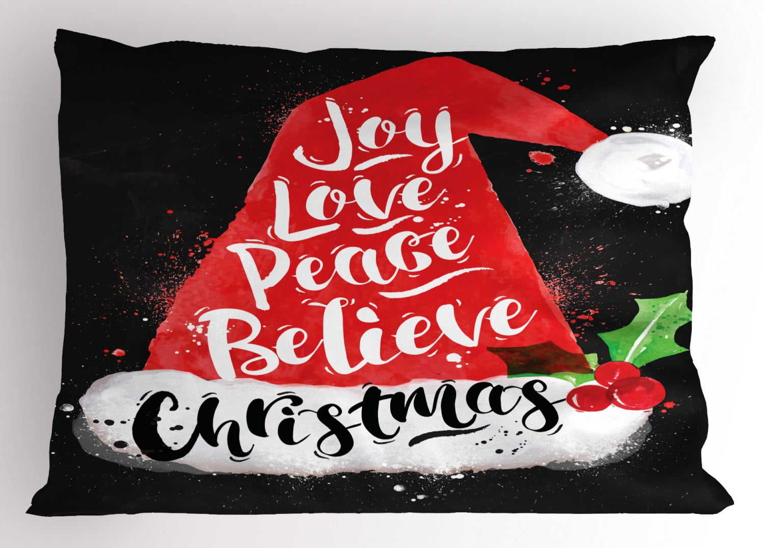 Santa Pillow Sham Xmas Hat with Lettering Joy Love Peace Believe