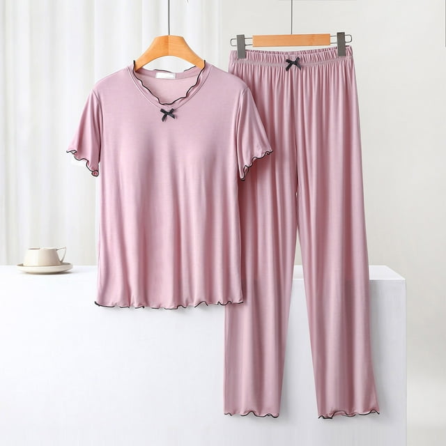 Prix Réduit, Chemisier pour Femme Uni Décontracté Mode Col Rond Manches Courtes Ensembles de Vêtements de Nuit, Coton Doux, Vêtements de Nuit Confortables pour la Maison, Tenue de Nuit, Ensemble de Vêtements de Nuit Aéré et Confortable, Sopatenor