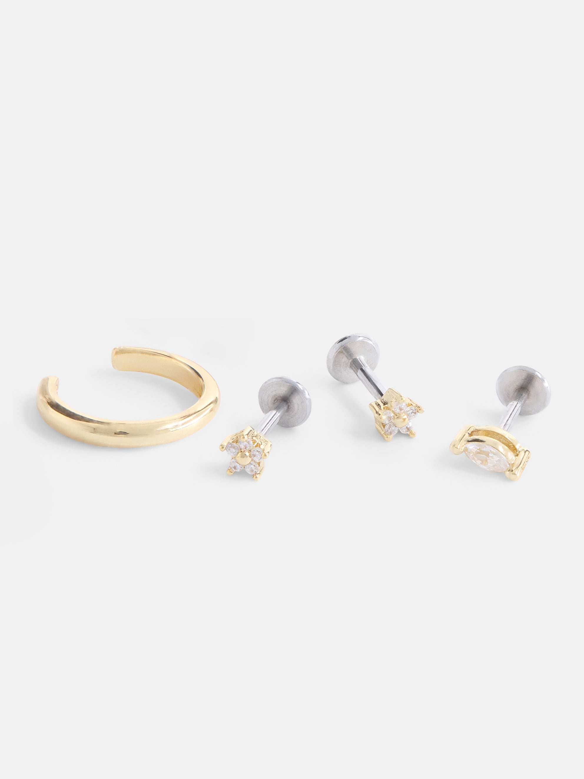 Free Assembly Women's Demi Fine 14K Gold Plated Cuff and Cubic Zirconia Flat Back Stud Single Earrings Set, 4-Piece