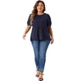 thumbnail image 3 of Women's Plus Top Puff Short Sleeve Tops Crew Neck Pleated Shirts Tunic Blouses 1X Navy Blue, 3 of 6