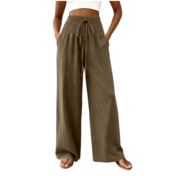Ynynloco Womens Pants Elastic High Waist Lightweight Palazzo Pants for Women Casual Drawstring Lounge Wide Leg Pants Woman with Pockets