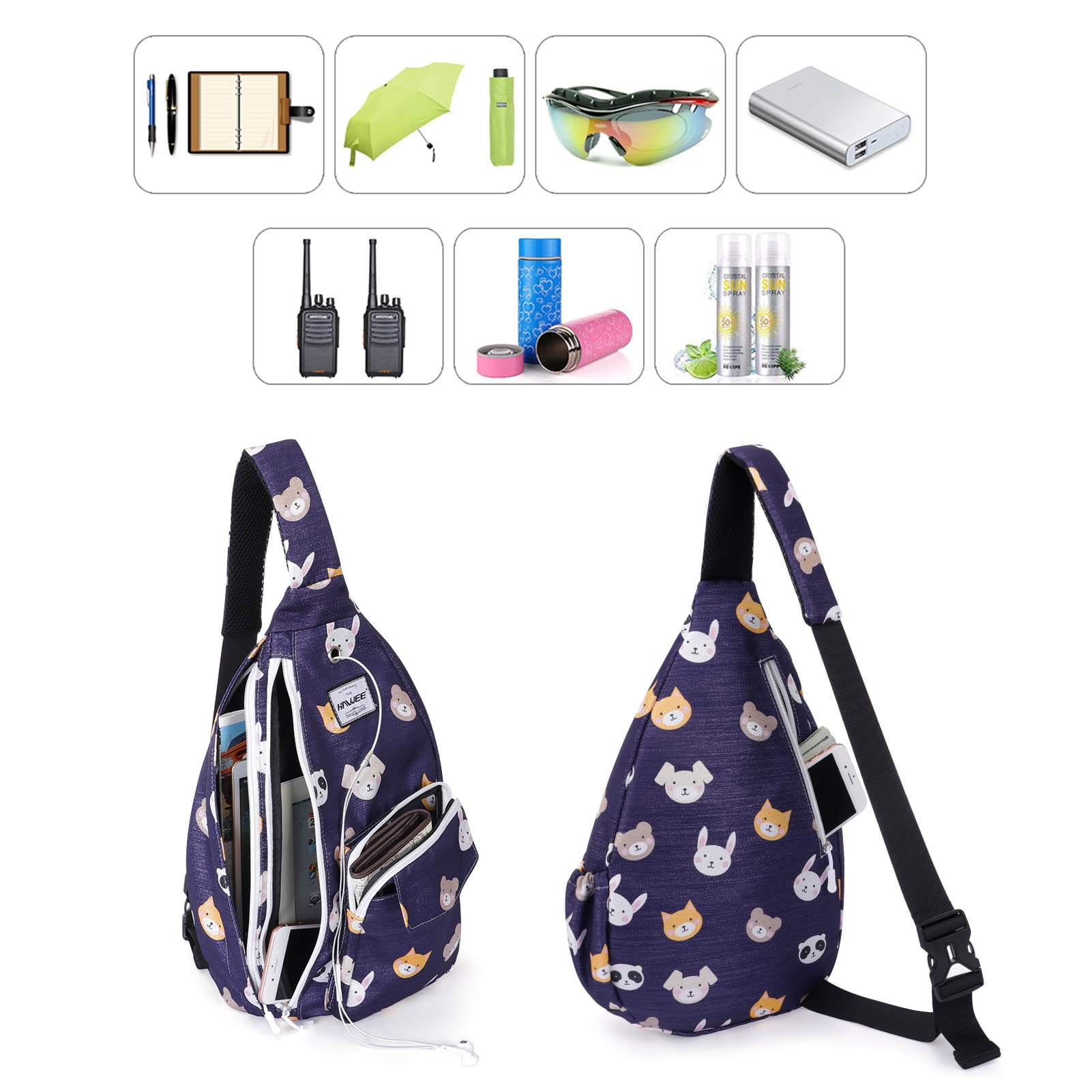 HAWEE Waterproof Crossbody Bag forWomens Chest Sling Backpack with Bear Rabbit Print, Bear