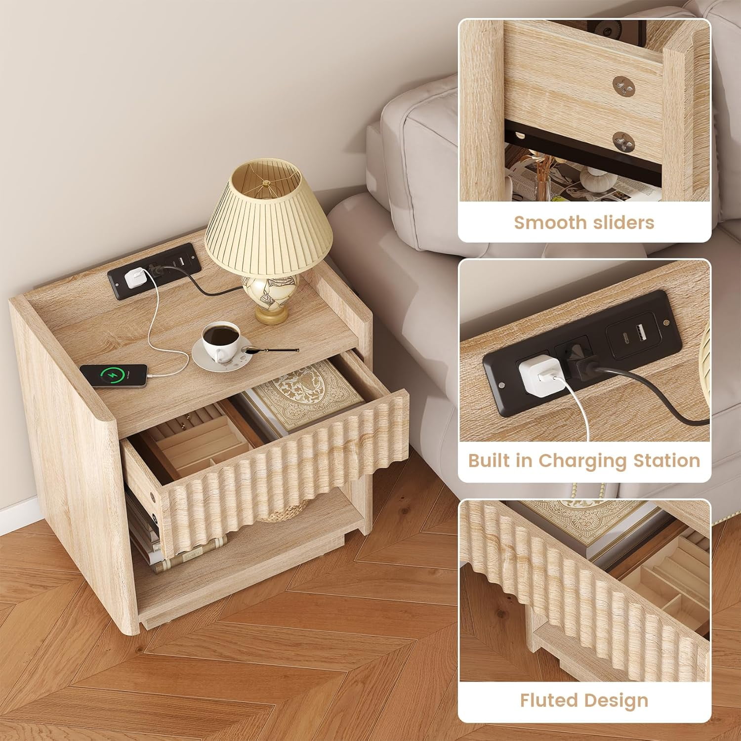 Winkalon Fluted Nightstands for Bedroom Set of 2, Farmhouse Bedside Tables with Drawer & Open Shelf, Wood End Table for Living Room,Oak