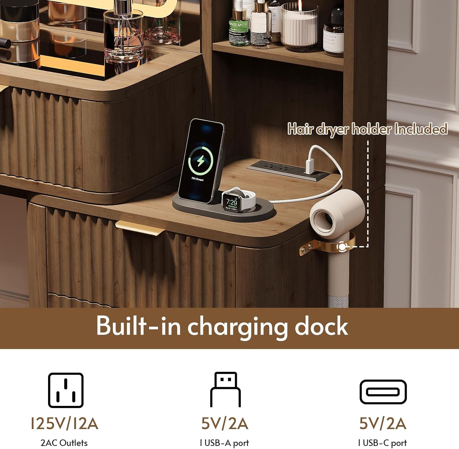 LAZZO 48" Wood Vanity with Glass Top, 3-Color Lights Mirror, Sliding Jewelry Organizer & Charging Station, Brown