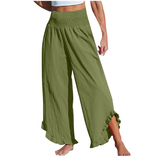 Ploknplq Wide Leg Pants Women,Palazzo Pants for Women,Womens Dress Pants,Fashionable High Waisted Pleated Irregular Cotton Linen Pants,Business Casual Outfits for Women,Pants for Women Green L