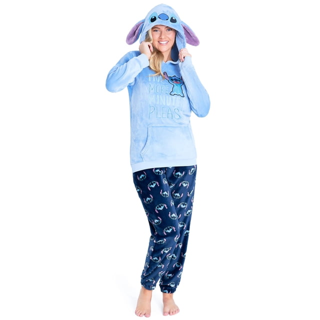 Conjunto de pijama Disney Stitch de forro polar para mujer con capucha, color azul, talla M