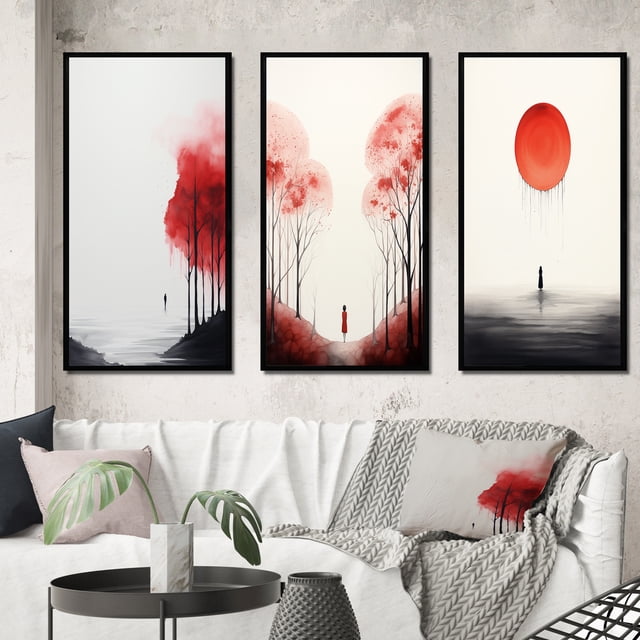 Designart "Minimal Serenity Moonlit Wanderings II" Abstract Landscape Framed Wall Art Set Of 3 - Red Abstract Landscapes Frame Canvas Set For Living Room Decor