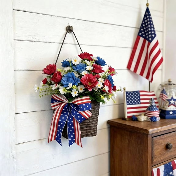 Red White Blue Floral Basket Wreath for 4th of July, Patriotic Front Door Hanging with Peony and Sunflower, Independence Day Decoration for Porch