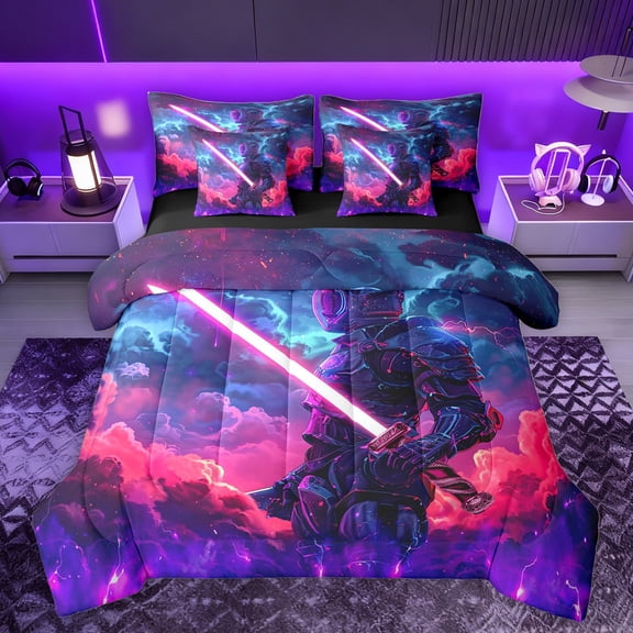 jejeloiu 3D Soldier Gradient Light 7-Piece Twin Bedding Sets,Modern Fashion Gaming Bedding Comforter Set,Purple Pink Blue Sheet Sets For Boys,Ultra Soft Home Decor Reversible