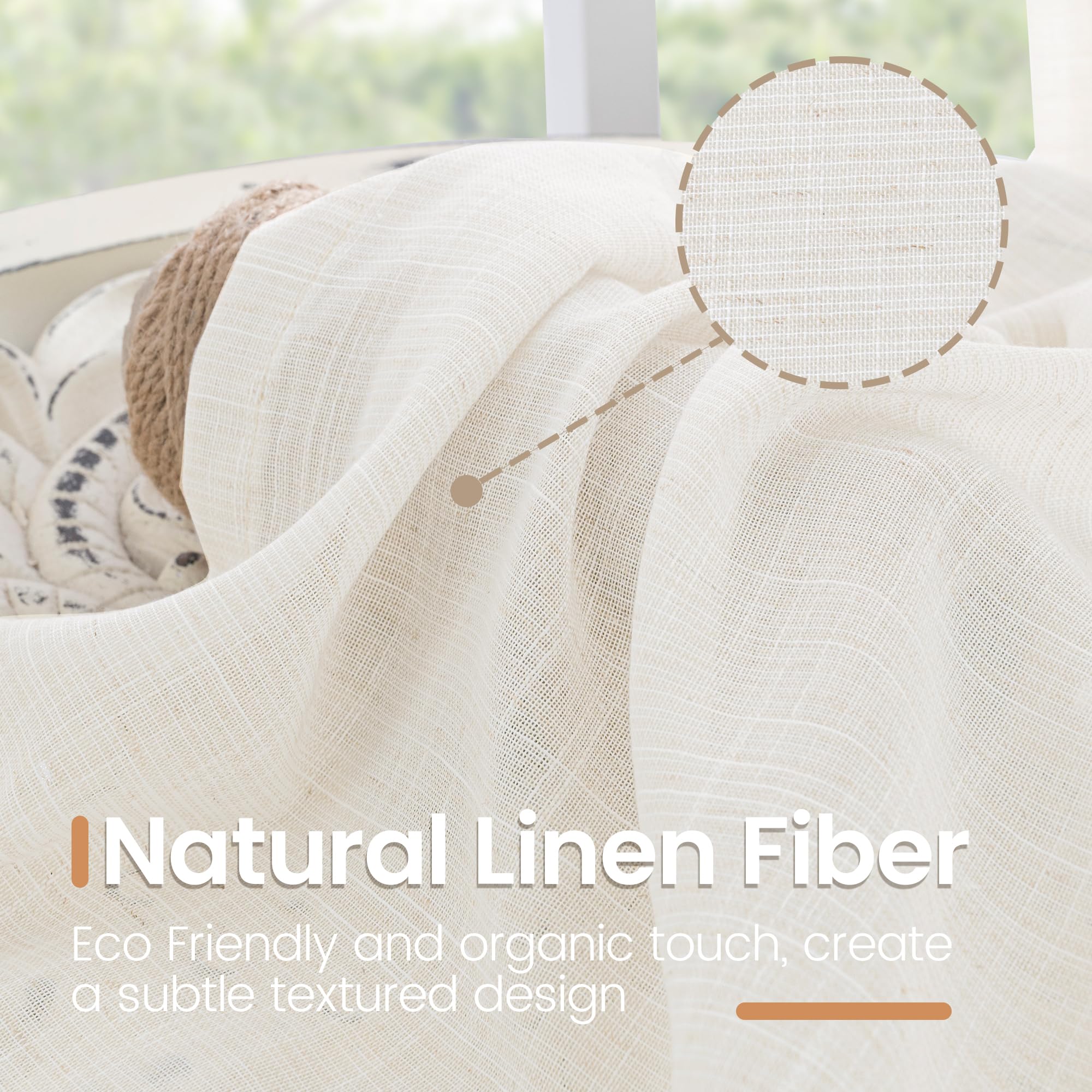 Linen Sheer Curtains 96 Inches Long For Bedroom  Natural Drapes Lightweight Living Room Dining Decor Floor Length Rustic With Rod Pocket Light Filtering 2 Panels Set 52 X 96 Inch