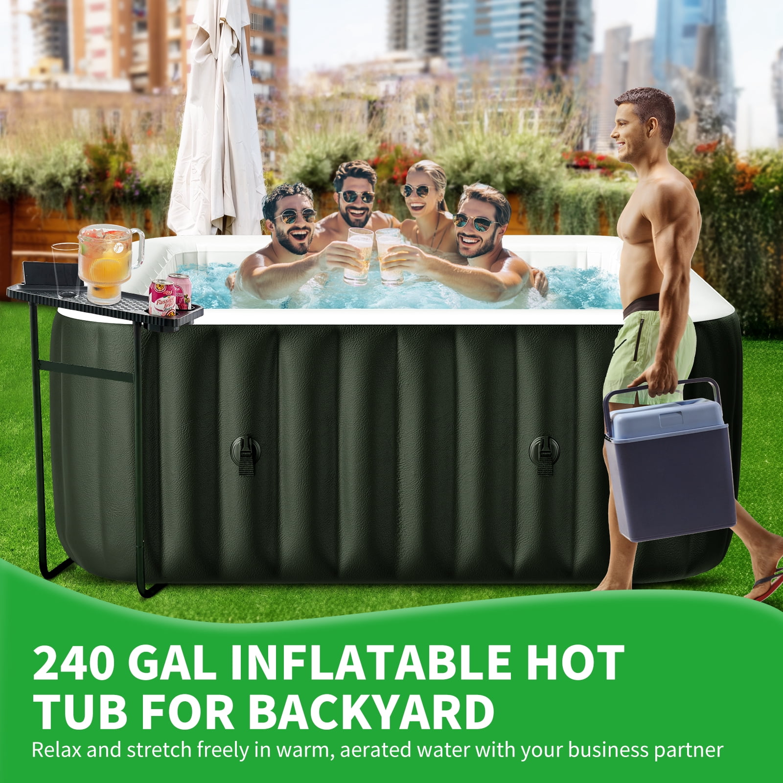 MOPHOTO 4-6 Person Inflatable Hot Tub, 73” X 73”X 25” Large Square Blow Up Portable Hot Tub, Leak-Proof PVC Outdoor Spa with 130 Air Jets, Insulated Cover and Heater Pump