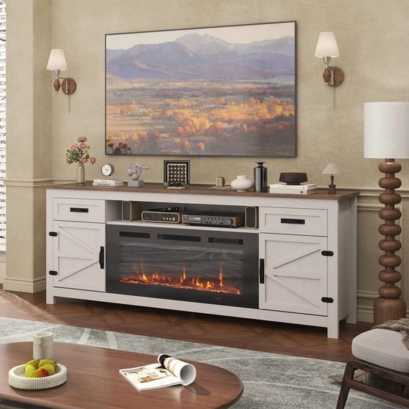 LazySunsets 70" Electric Fireplace TV Stand for TVs Up to 80 Inches,Farmhouse Media Console with 36" Color Changing Fireplace Insert, Barn Doors,Drawers & Adjustable Storage Shelves,White