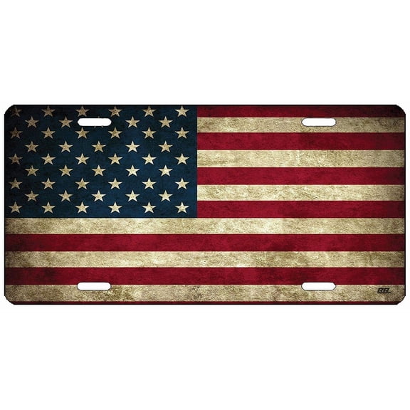 Vintage Distressed American Flag License Plate, Front, Metal, Vanity Novelty Tag Grunge