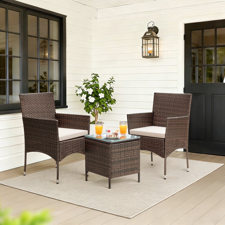 LACOO 3-Piece Wicker Bar Set with Tempered Glass Table, Brown photo 2