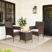 Lacoo 3 Pieces Outdoor Patio Furniture Gray PE Rattan Wicker Table and Chairs Sets Bar Set with Cushioned Tempered Glass , Brown/ Beige