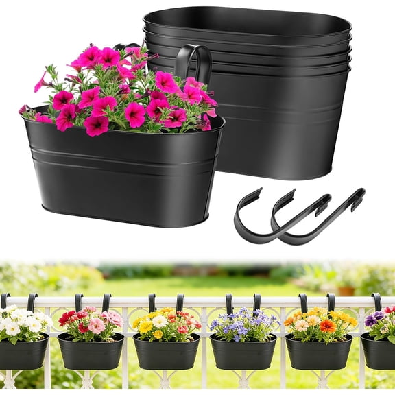 6-Pack Black Metal Hanging Planter Baskets with Detachable Hooks – Rustic Iron Flower Pots for Balcony Railing, Fence & Outdoor Decor – Includes Drainage Holes for Indoor/Outdoor Use