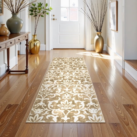 Lahome Decor 2'x6' Vintage Kitchen Rug, Washable Hallway Runner Rug, Indoor Soft Distressed Floral Runner Rug Non-Slip Backing for Entryway Farmhouse Bedroom Kids Playroom,Khaki