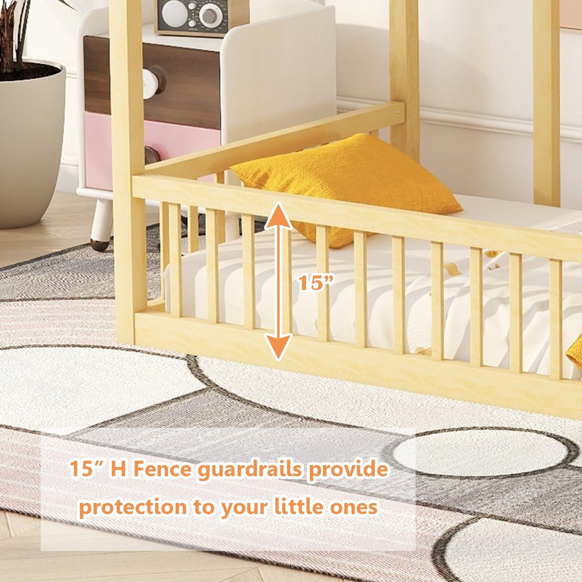 Bellemave Twin Size Wood House-Shaped Floor Bed with Fence, Guardrails, Montessori Floor Bed House Bed Frame with Roof (Twin, Natural)