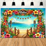 Tropical Aloha Beach Scene Backdrop Hawaiian Luau Party Decorations Summer Tiki Beach Party Banner Tropical Palm Leaves Floral Birthday Party Supplies