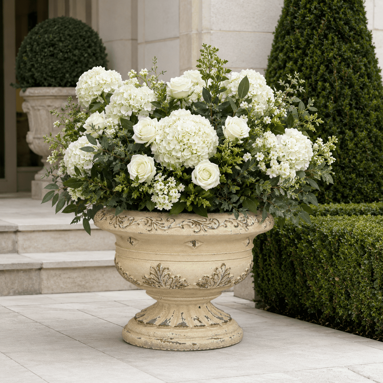 Aukfa Large MGO Garden Urn Planter, Outdoor Tall Decorative Stone-Look Flower Pot with Drainage Hole & Weather-Resistant, White