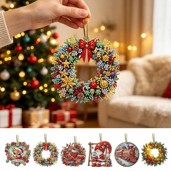 Fllostpr Christmas Diamond DIY Wreath Pendant Handmade 5.7x5.7" Acrylic Stickers Decor for Window Foliage Home Styling