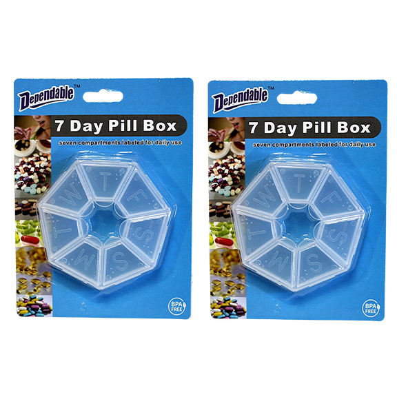 Dependable Industries Set of 2 Round 7 Day Pill Box Medicine Organizer Daily Weekly Medication Holder Travel and Home Clear BPA Free Plastic 3 inch