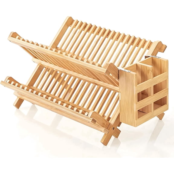 Foldable Double-Layer Bamboo Bowl rack For Kitchen Countertops, with a Space-Saving Folding Design Wooden Dish Drainer, Suitable for Plates, dishes, and cups
