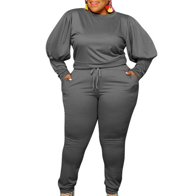 Fashnice Ladies Crop Sweatshirt And Pant Plus Size Jogger Set Crew Neck Two Piece Outfit Loose Fit Sports Tracksuit Sets Deep Gray 2XL