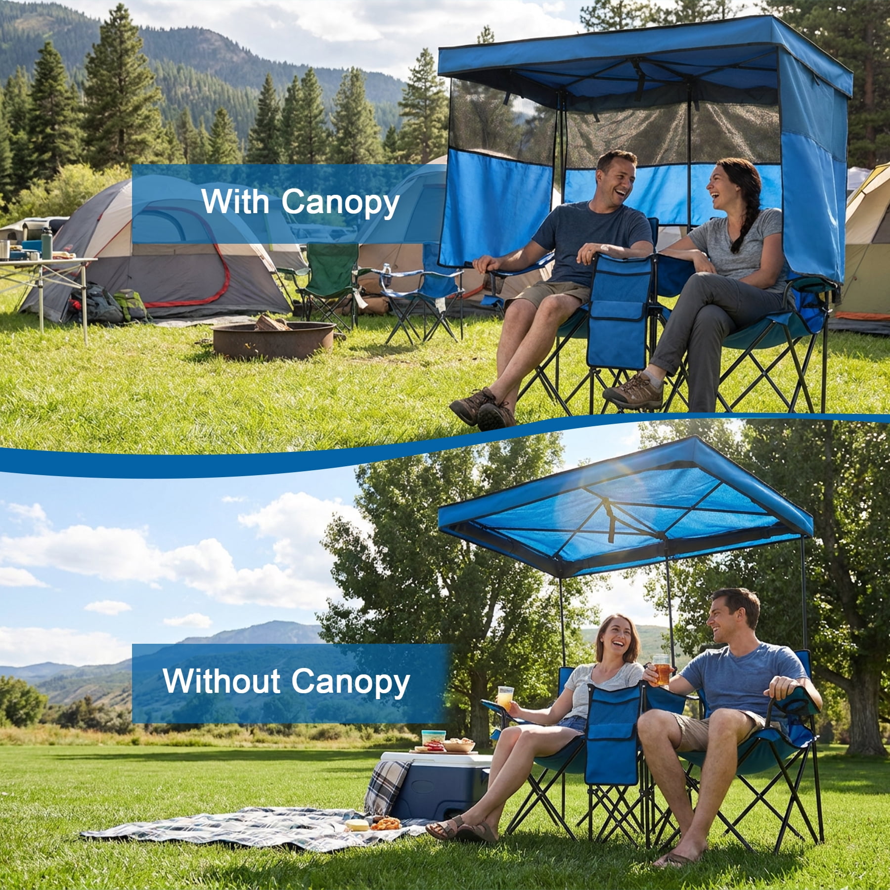 WTVIDAS Double Beach Chair with Canopy Shade Oversized Camping Chairs with Cup Holder Cooler Bag Folding Loveseat Chairs for Camping Beach Lawn