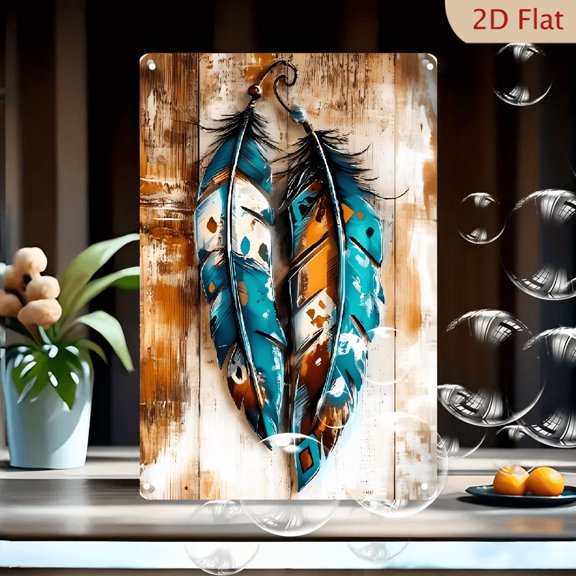 1pc Rustic Feather Wall Art - 8*8 Inch iron UV Printed Vintage Sign, Turquoise & Orange Retro Home Decor with Pre-Drilled Holes, Multi-Purpose Kitchen, Office, Cafe Wall Hanging, No Electri 12*8in