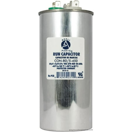 

appli parts dual run acitor for ac 80 5 mfd (microfarads) 370vac or 450vac cbb65 round universal fit for hvac and other applications 5-1/2 in high 2-1/4 in wide con-80/5-450