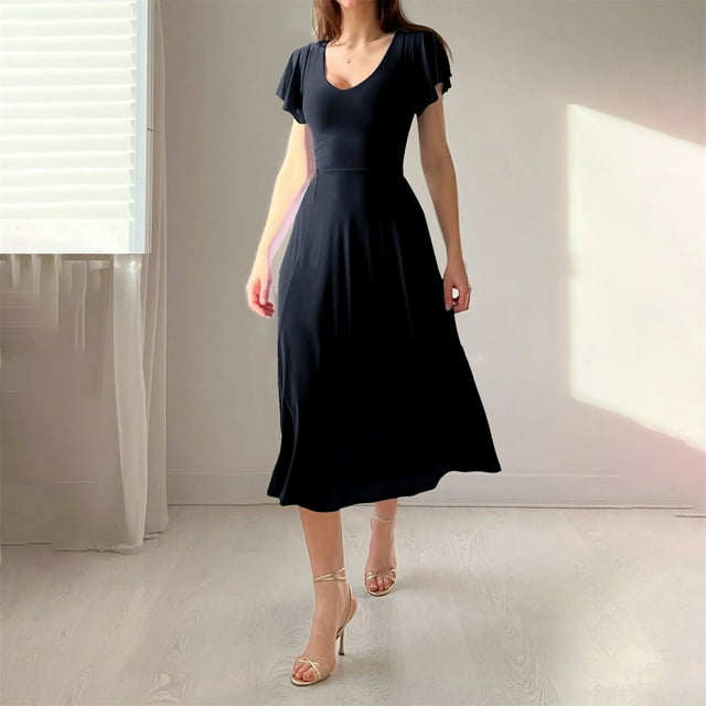 KOKOPARK Robe Maxi Bohème pour Femmes Décontractée Ligne A Portefeuille Manches Courtes à Volants Teinture Longue Noire