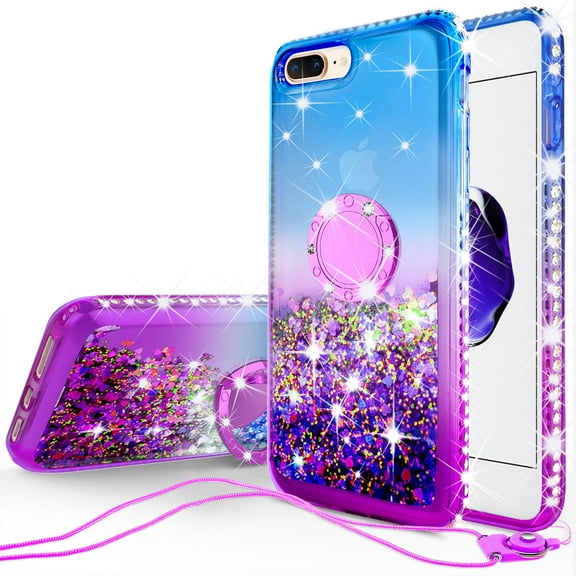 SPY Case for iPhone 8 Plus, 7 Plus / 6 Plus / 6S Plus, Sparkle Glitter Liquid Bling Diamond [Ring Holder & Wrist Strap] Women Girls Cute Case Purple