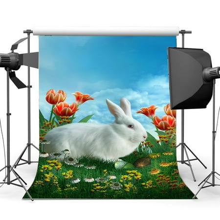 Image of GreenDecor 5x7ft Easter Backdrop Spring Rabbit Eggs Fresh Flowers Green Grass Lawn Blue Sky White Cloud Frohe Ostern Photography Background Kids Adults Photo Studio Props