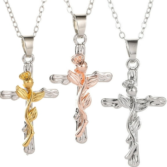 Vintage Vine Cross Pendant Necklace - Leaf Design Cross Necklace 3pcs