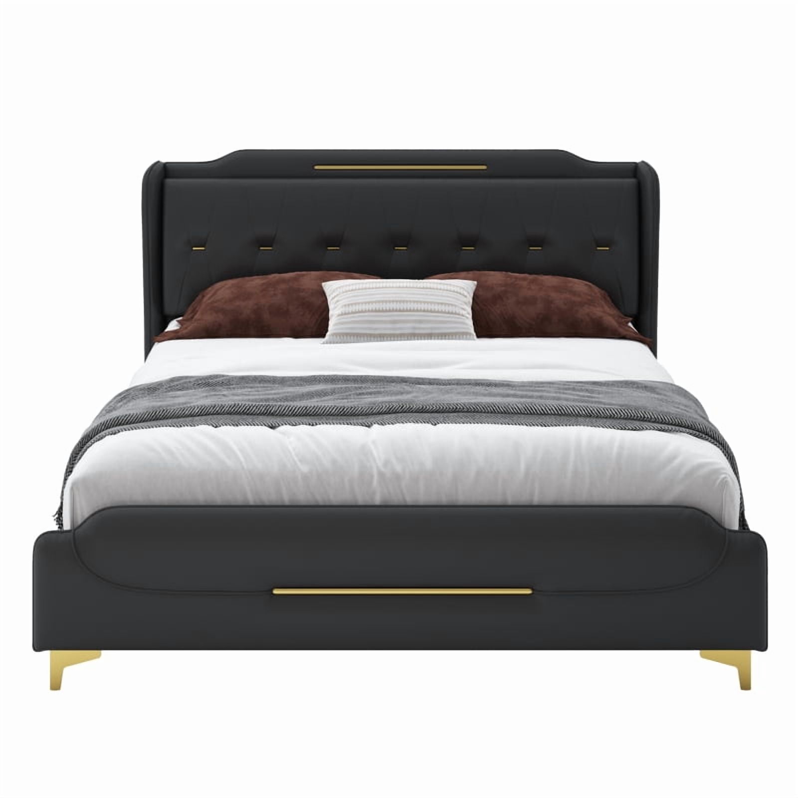 [Luckynote]Queen Size Leather Bed frame with Wingback Headboard & Footboard, PU Upholstered Platform bed, Solid Wooden Slats Support, Easy Assembly