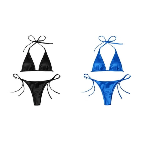 Lojoutye 2 Pack(Blue 1PCS & Black 1PCS) Multipack Bikini Women Bandeau Bandage Bikini Sheer Bikini Set Push Up Brazilian Swimwear Beachwear Swimsuit Bikiniwear