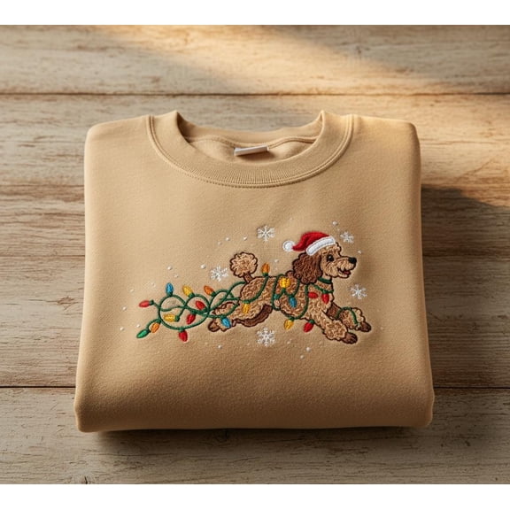 Poodle Christmas Lights Embroidered Sweatshirt, Cute Dog Holiday Sweater, Festive Pet Lover Gift