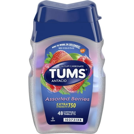 TUMS Antacid Chewable Tablets, Extra Strength for Heartburn Relief, Assorted Berries, 48 count