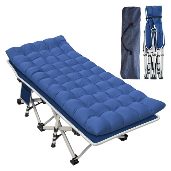 Cot Camping Cot with Thick Pad Cots for Sleeping Camping Bed Folding Cot 450LBS(Max Load) Comfortable Double Layer Heavy Duty with Carry Bag for Home Outdoor Travel Standard Standard Blue