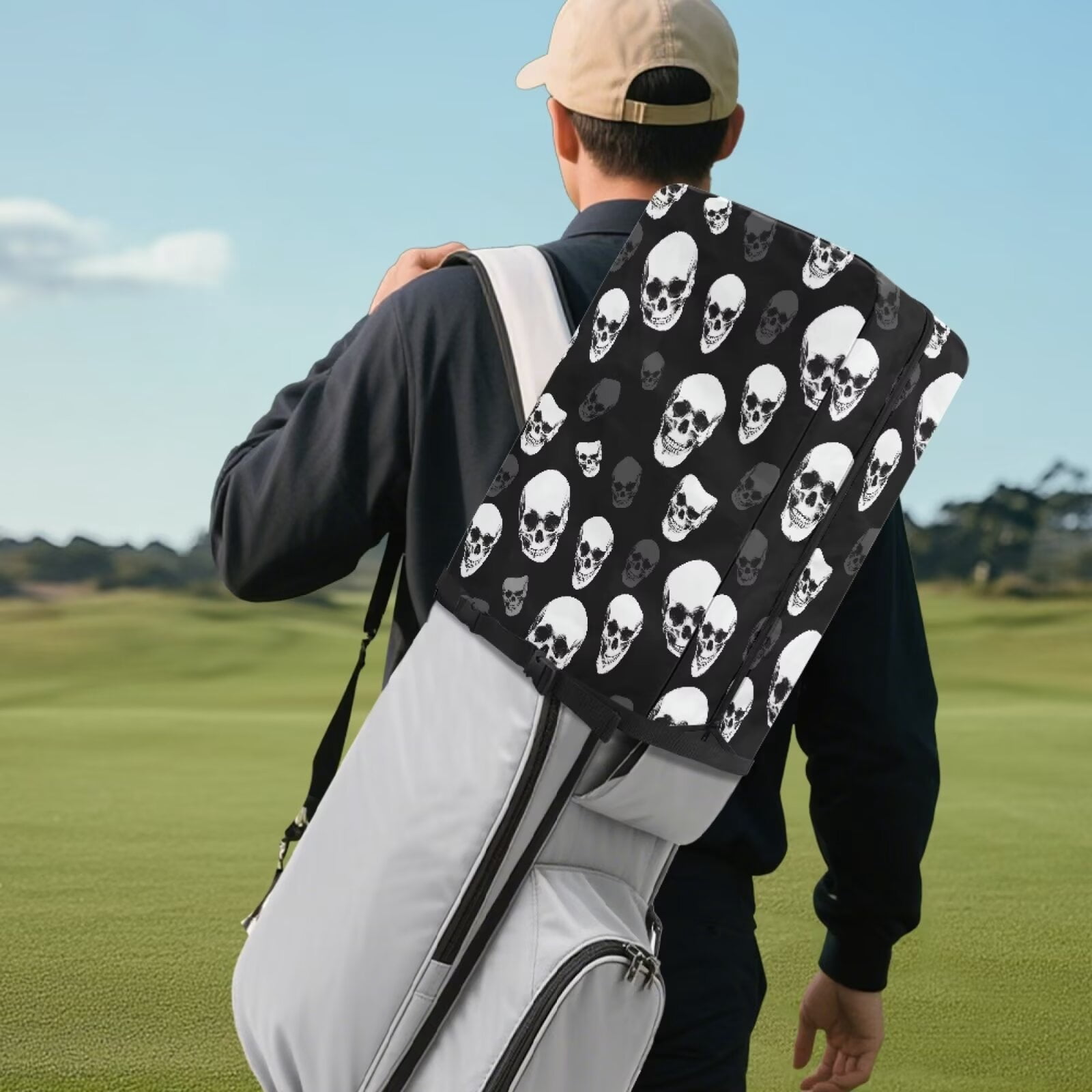 Chririnla Black Skull Fashion Golf Bag Rain Cover Waterproof Hood with Snap Button Dust & UV Protection Universal Fit for Most Tour Bags, Cart Bags & Stand Bags