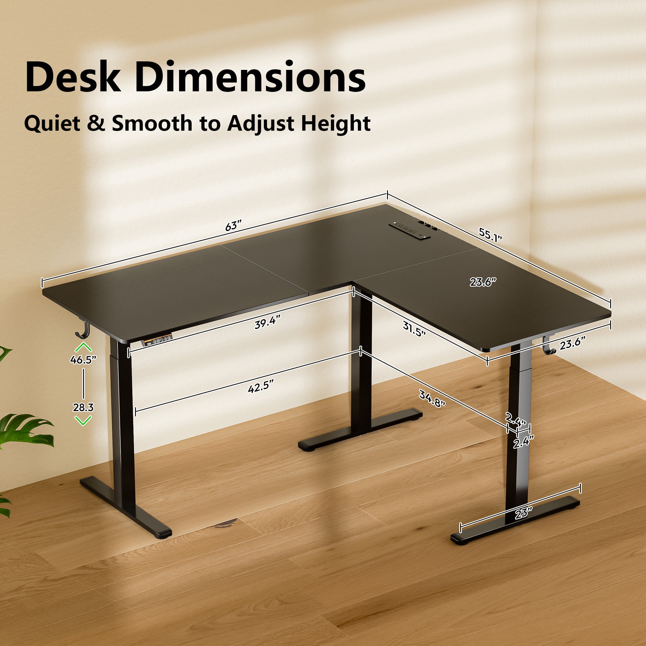 63"×55" Black L-Shaped Electric Height Adjustable Corner Desk, Standing Desk with Power Outlet, 3 Memory Presets & Child Lock for Home Office Gaming
