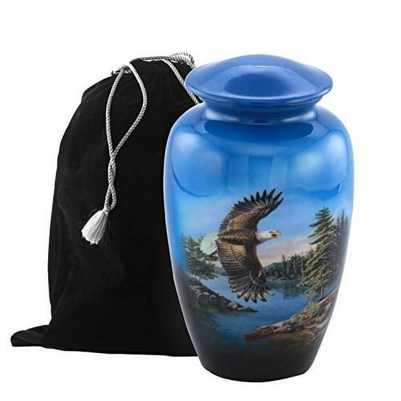 Aesthetic Painted Cremation Urn - Affordable Metal Urn - Hand Painted Solid Metal Urn for Ashes, Adult Cremation Urn with Free Velvet Bag (Eagle)