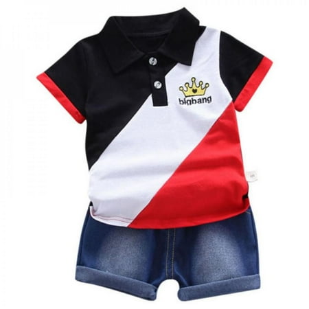 

Promotion!Summer Children Baby Boys Short Sleeve Crown Patchwork Pattern T-shirt Blouse+Denim Shorts Casual Outfits Sets