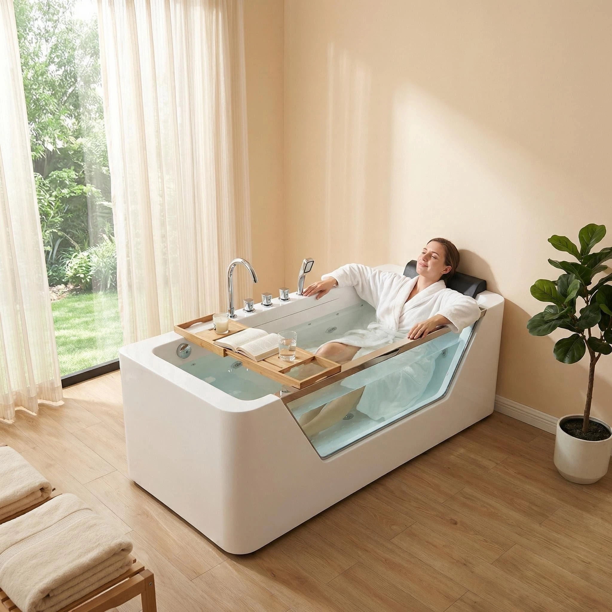 67" Luxury Whirlpool Bathtub with Panoramic Glass Window | 7 Hydro-Massage Jets, Waterfall Faucet & LED Chromatherapy | 1HP 750W Motor, Acrylic Spa Jetted Tub (110V) –Middle Drain