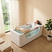 67 Luxury Whirlpool Bathtub with Panoramic Glass Window | 7 Hydro-Massage Jets, Waterfall Faucet & LED Chromatherapy | 1HP 750W Motor, Acrylic Spa Jetted Tub (110V) –Middle Drain